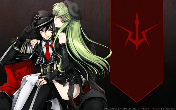 Anime picture 1280x800 with code geass sunrise (studio) c.c. lelouch lamperouge long hair looking at viewer short hair light erotic black hair smile wide image sitting purple eyes bare shoulders yellow eyes green hair couple military girl boy