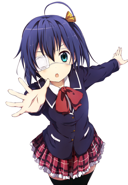 Anime picture 1342x1934 with chuunibyou demo koi ga shitai! kyoto animation takanashi rikka akita hika single tall image looking at viewer blush fringe short hair open mouth blue eyes simple background hair between eyes white background blue hair ahoge zettai ryouiki one side up plaid skirt