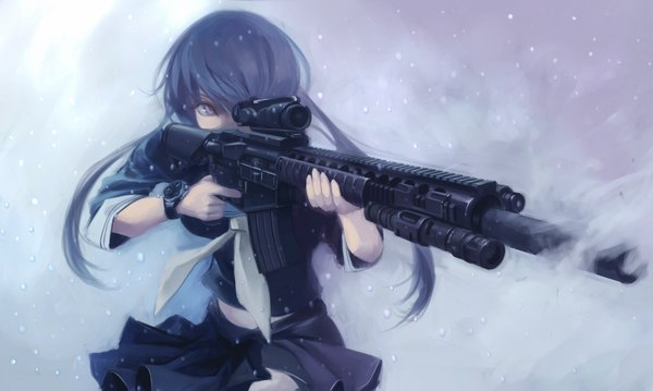 Anime picture 2067x1240 with original koh (minagi kou) single long hair highres wide image grey hair grey eyes girl uniform weapon serafuku gun clock pocket watch assault rifle