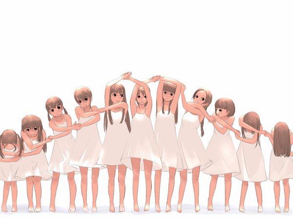 Anime picture 1024x768 with souldeep long hair looking at viewer open mouth simple background smile white background twintails bare shoulders multiple girls looking away barefoot arm up bare legs leaning leaning forward holding hands 6+ girls 11 girls girl