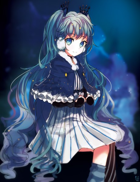 Anime picture 744x969 with vocaloid hatsune miku fuyu no yoru miku nacl (pixiv9889616) single tall image fringe blue eyes smile sitting twintails looking away very long hair aqua hair dark background girl dress hair ornament mantle earmuffs