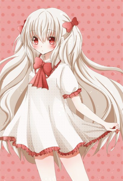 Anime picture 895x1311 with original hiro (hirohiro31) single long hair tall image looking at viewer blush red eyes white hair loli polka dot polka dot background girl dress bow hair bow bowtie