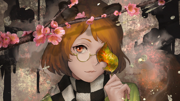Anime picture 1680x945 with touhou futatsuiwa mamizou amino (tn7135) single looking at viewer short hair brown hair wide image holding animal ears tail animal tail arm up lips shadow orange eyes cherry blossoms close-up raccoon ears raccoon tail