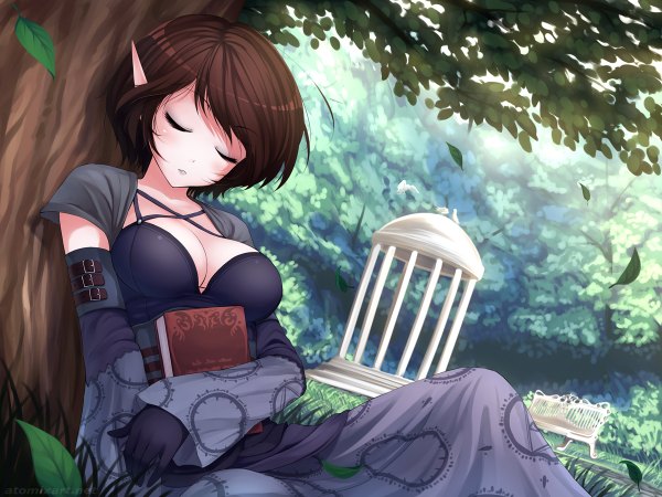 Anime picture 1200x900 with original atomix short hair black hair eyes closed pointy ears sleeping girl dress plant (plants) detached sleeves tree (trees) book (books) leaf (leaves)