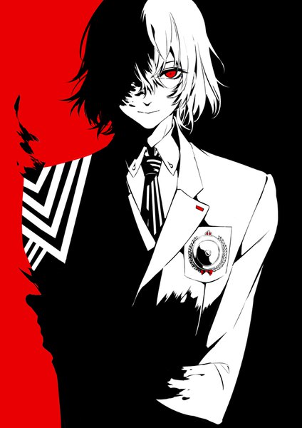 Anime picture 566x800 with persona 5 persona akechi gorou zmore single tall image looking at viewer fringe short hair hair between eyes red eyes upper body polychromatic high contrast boy uniform necktie