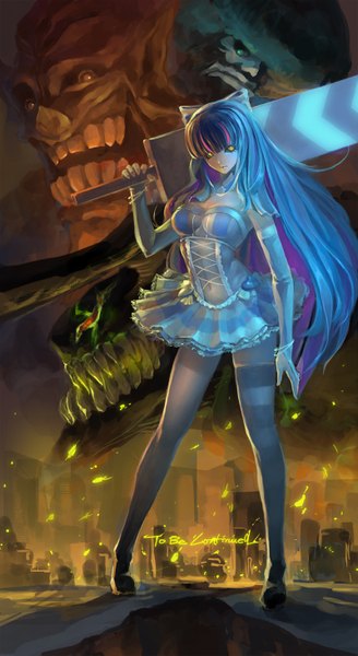 Anime picture 800x1461 with panty & stocking with garterbelt anarchy stocking final (final) long hair tall image standing yellow eyes blue hair purple hair very long hair multicolored hair teeth fang (fangs) streaked hair grin striped colored inner hair lacing sharp teeth girl