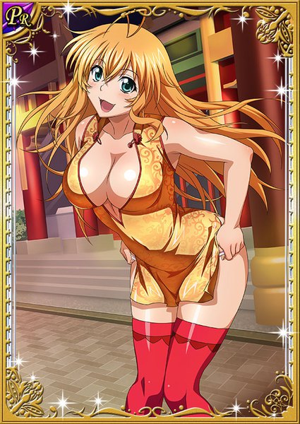 Anime picture 567x800 with ikkitousen sonsaku hakufu single long hair tall image looking at viewer blush fringe breasts open mouth light erotic blonde hair smile hair between eyes large breasts bare shoulders payot cleavage ahoge traditional clothes