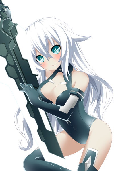 Anime picture 3675x5500 with choujigen game neptune black heart jbeenz single long hair tall image blush highres breasts light erotic smile bare shoulders absurdres white hair aqua eyes coloring transparent background girl gloves weapon