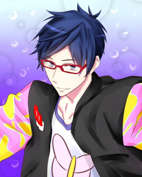 Anime picture 960x1200 with free! kyoto animation ryugazaki rei fishchan single tall image looking at viewer short hair smile purple eyes blue hair from above purple background boy glasses bubble (bubbles)