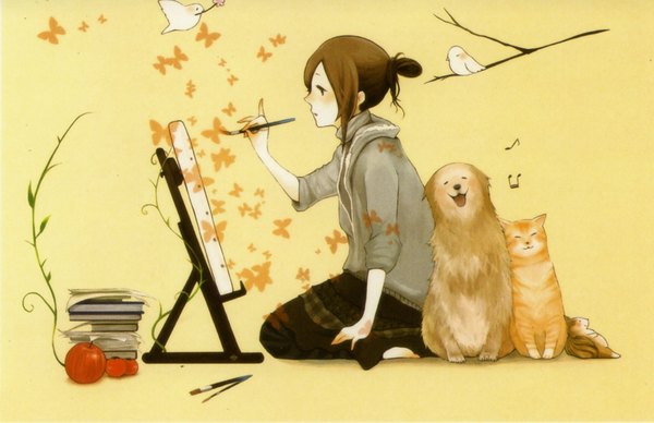 Anime picture 2075x1344 with original pixiv girls collection 2010 coba single highres short hair simple background brown hair sitting profile scan yellow background painting girl animal bird (birds) book (books) insect butterfly cat