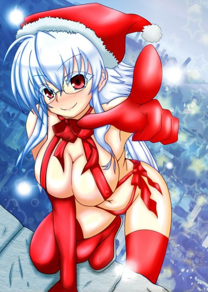 Anime picture 1036x1449 with original fuurin rei tomoyan (nyakkoya) single long hair tall image looking at viewer blush breasts light erotic red eyes blue hair fur trim christmas pointing naked ribbon girl navel glasses fur