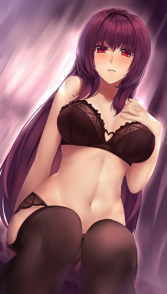 Anime picture 800x1401 with fate (series) fate/grand order scathach (fate) (all) scathach (fate) iandrea single long hair tall image looking at viewer blush fringe breasts light erotic red eyes sitting purple hair from below underwear only looking down girl