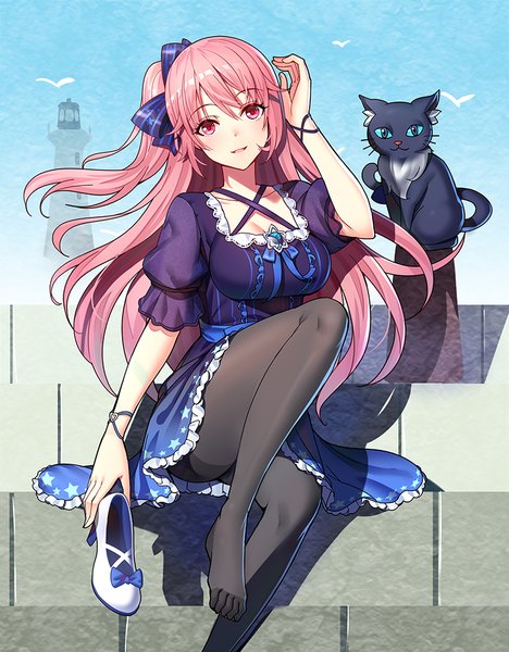 Anime picture 781x1000 with original emily stock ririko (zhuoyandesailaer) single long hair tall image looking at viewer fringe breasts blue eyes smile hair between eyes sitting holding pink hair sky bent knee (knees) parted lips head tilt pink eyes