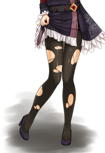 Anime picture 1000x1450 with original midnight (artist) single tall image highres simple background white background long sleeves high heels legs torn clothes head out of frame torn pantyhose girl pantyhose shoes belt