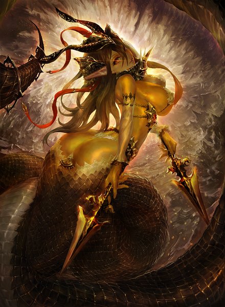 Anime picture 611x834 with cristian penas single long hair tall image breasts light erotic blonde hair large breasts ass looking back horn (horns) pointy ears orange eyes glowing glowing eye (eyes) yellow background monster girl lamia yellow skin girl