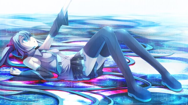 Anime picture 1920x1080 with vocaloid hatsune miku namaru (summer dandy) single long hair highres wide image twintails bare shoulders lying aqua eyes aqua hair girl skirt detached sleeves miniskirt necktie thigh boots