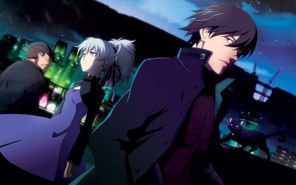 Anime picture 5370x3360 with darker than black studio bones yin (darker than black) hei (darker than black) mao (darker than black) huang highres wide image absurdres boy cat