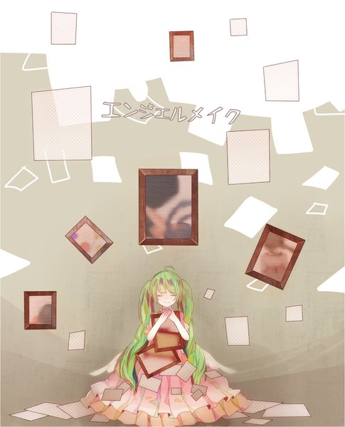 Anime picture 1080x1334 with vocaloid hatsune miku itamidome single long hair tall image smile twintails ahoge eyes closed green hair hieroglyph girl dress paper picture frame