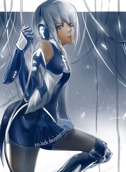 Anime picture 792x1080 with facebook jon-lock (artist) single tall image looking at viewer short hair blue eyes bare shoulders silver hair girl skirt gloves detached sleeves miniskirt pantyhose elbow gloves headphones knee boots wire (wires)