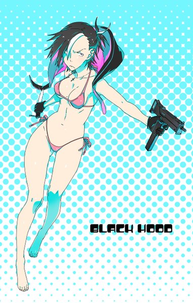 Anime picture 1600x2512 with original black hood (original character) kamezaemon single tall image fringe short hair breasts blue eyes light erotic black hair white hair ponytail multicolored hair hair over one eye inscription two-tone hair legs outstretched arm polka dot