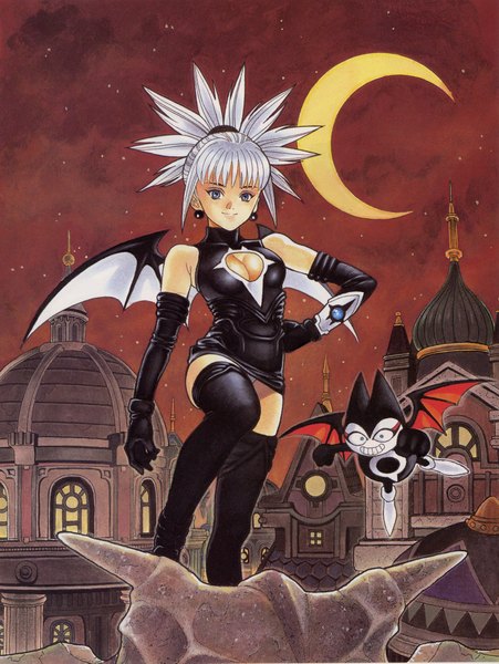 Anime picture 1800x2395 with shadow lady aimi (shadow lady) single tall image highres short hair blue eyes light erotic white hair night demon girl bat wings crescent girl earrings pantyhose wings moon bat