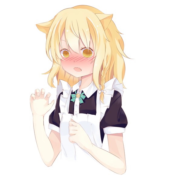 Anime picture 3952x4016 with touhou kirisame marisa chu lu jiang xd single long hair tall image blush fringe highres open mouth simple background blonde hair hair between eyes white background animal ears yellow eyes absurdres upper body braid (braids) arm up