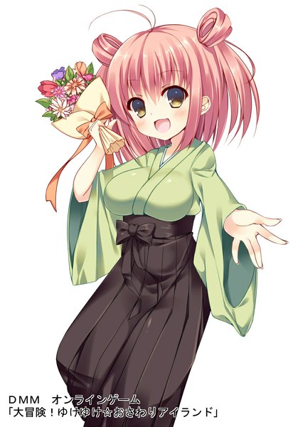 Anime picture 830x1188 with original bekotarou single tall image looking at viewer blush short hair open mouth simple background white background brown eyes pink hair traditional clothes japanese clothes girl flower (flowers) bouquet hakama