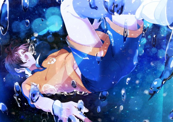 Anime picture 1072x759 with inazuma eleven go minamisawa atsushi fringe short hair red eyes purple hair hair over one eye underwater boy uniform bubble (bubbles) gym uniform