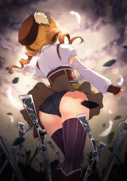 Anime picture 874x1240 with mahou shoujo madoka magica shaft (studio) tomoe mami kamon (shinshin) single long hair tall image light erotic blonde hair twintails sky cloud (clouds) wind from below drill hair girl thighhighs gloves underwear panties