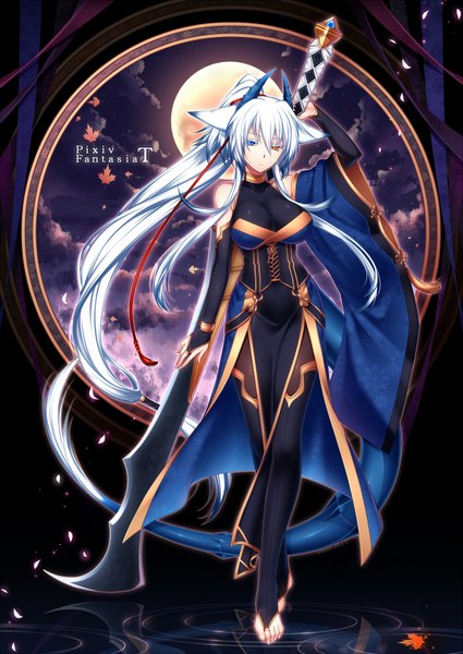 Anime picture 1253x1770 with original pixiv fantasia konshin single tall image fringe blue eyes standing animal ears white hair ponytail very long hair horn (horns) orange eyes heterochromia girl weapon detached sleeves clothes
