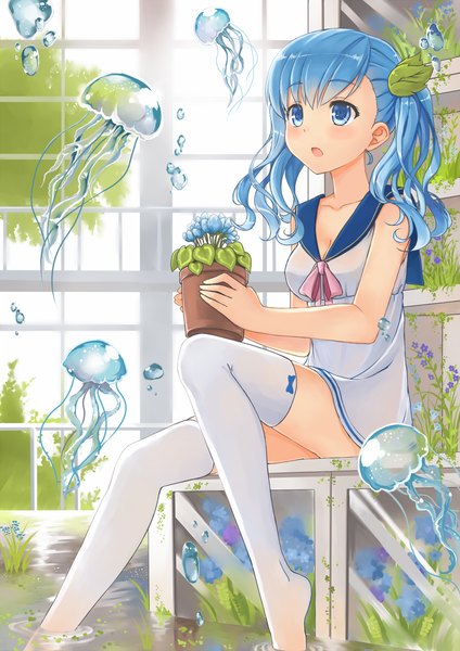 Anime picture 800x1131 with original terras single long hair tall image blush open mouth blue eyes sitting twintails bare shoulders blue hair looking away :o no shoes girl thighhighs hair ornament flower (flowers) bow