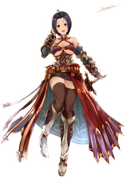 Anime picture 2480x3507 with idolmaster granblue fantasy miura azusa yatsuka (846) single tall image looking at viewer blush highres short hair breasts open mouth light erotic black hair simple background smile red eyes standing white background bare shoulders