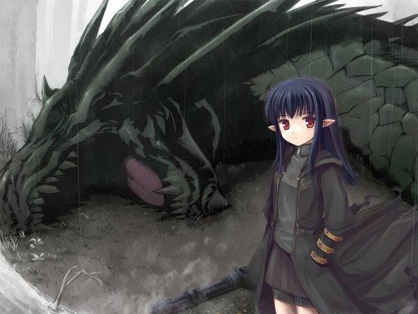 Anime picture 1200x900 with original red eyes pointy ears teeth fang (fangs) fantasy dragon hinooka shuji