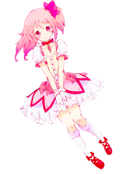 Anime picture 1024x1452 with mahou shoujo madoka magica shaft (studio) kaname madoka tiv poggiezas single long hair tall image looking at viewer blush smile pink hair full body bent knee (knees) pink eyes short sleeves puffy sleeves transparent background magical girl knees touching