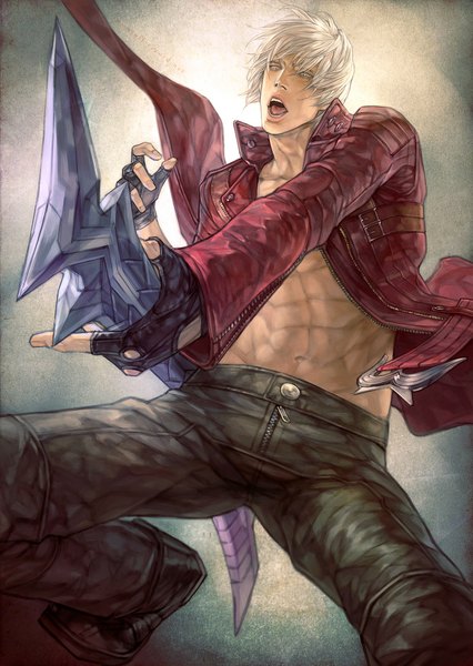 Anime picture 835x1177 with devil may cry dante (devil may cry) offrecord (rae) single tall image short hair open mouth blonde hair teeth bare belly grey eyes muscle boy gloves navel weapon fingerless gloves cloak zipper
