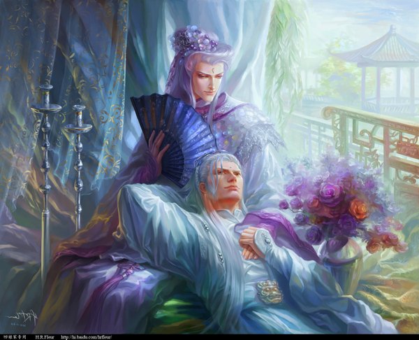 Anime picture 1500x1217 with hrfleur long hair blue hair purple hair traditional clothes realistic multiple boys holding hands shounen ai architecture east asian architecture boy hair ornament flower (flowers) 2 boys fan candle (candles) vase