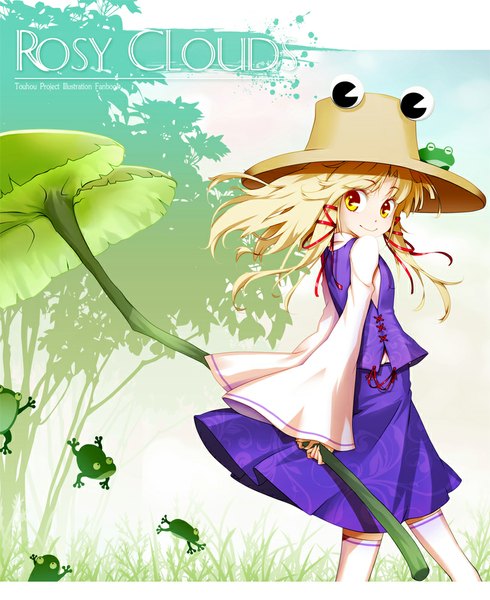 Anime picture 817x1000 with touhou moriya suwako hong (white spider) single long hair tall image blonde hair smile yellow eyes long sleeves looking back girl skirt ribbon (ribbons) plant (plants) hat animal tree (trees) skirt set frog