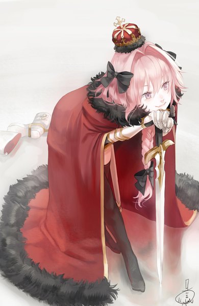 Anime picture 1104x1700 with fate (series) fate/apocrypha astolfo (fate) mizutamari tori single long hair tall image fringe smile holding signed looking away pink hair braid (braids) pink eyes leaning leaning forward fur trim single braid girl