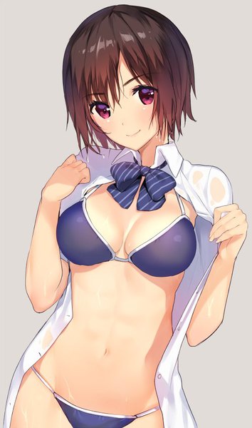 Anime picture 500x846 with original matarou (genkai toppa) single tall image looking at viewer blush fringe short hair breasts light erotic simple background smile hair between eyes red eyes brown hair standing cleavage grey background open shirt gradient hair