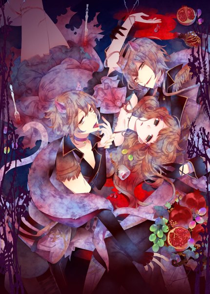 Anime picture 1920x2680 with black wolves saga mejojo von garibaldi auger von garibaldi fiona galland kuroyuki long hair tall image highres short hair brown hair brown eyes animal ears multiple boys finger to mouth girl dress boy food fur 2 boys