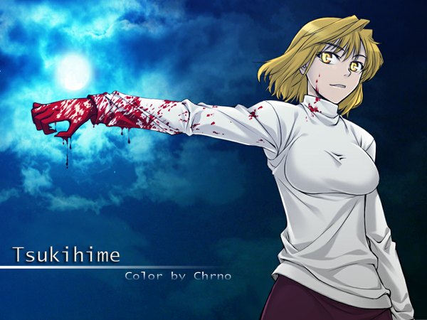 Anime picture 1024x768 with shingetsutan tsukihime type-moon arcueid brunestud lchrno single short hair breasts blonde hair yellow eyes looking away wallpaper outstretched arm girl blood clothes