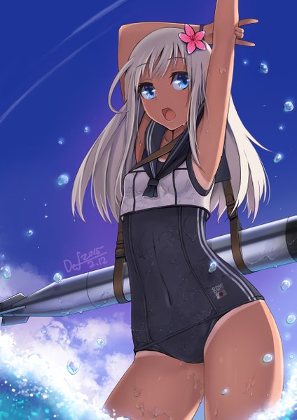 Anime picture 877x1240 with kantai collection ro-500 submarine u-511 submarine def (chronowarld) single long hair tall image looking at viewer fringe open mouth blue eyes light erotic standing sky cloud (clouds) hair flower sunlight armpit (armpits) wet tan