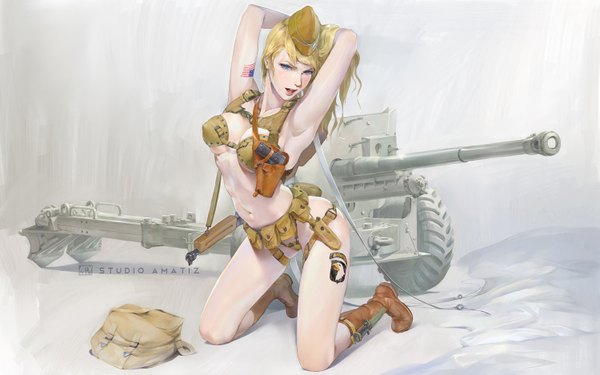 Anime picture 1500x938 with original amatiz single long hair looking at viewer breasts open mouth blue eyes light erotic blonde hair inscription armpit (armpits) tattoo kneeling arms behind head girl navel weapon boots gun