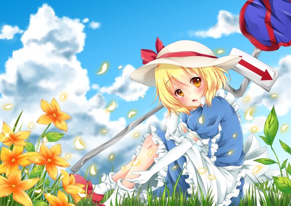 Anime picture 2125x1505 with touhou kana anaberal sisterakuma single blush fringe highres short hair open mouth blonde hair sitting brown eyes looking away sky cloud (clouds) bent knee (knees) :o girl dress gloves