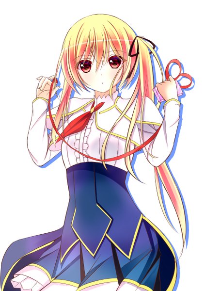 Anime picture 1748x2480 with saijaku muhai no bahamut lisesharte atismata tongtongtong single long hair tall image looking at viewer fringe highres blonde hair simple background hair between eyes red eyes white background twintails girl dress uniform ribbon (ribbons) school uniform