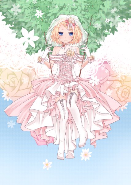 Anime picture 1275x1791 with vocaloid kagamine rin single tall image blush short hair blue eyes blonde hair smile girl thighhighs dress gloves flower (flowers) white thighhighs leaf (leaves) thigh boots wedding dress swing