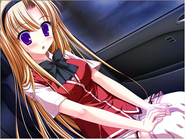 Anime picture 1024x768 with rain memory amamiya rein long hair blush open mouth purple eyes game cg orange hair girl serafuku