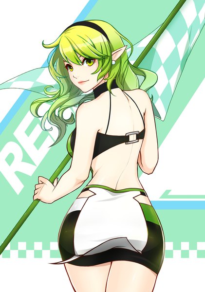 Anime picture 800x1139 with elsword rena erindel nak (nak166) single long hair tall image looking at viewer fringe hair between eyes standing holding green eyes looking back green hair pointy ears from behind back race queen girl earrings