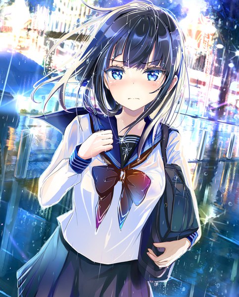 Anime picture 806x1000 with original keepout single long hair tall image looking at viewer blush fringe blue eyes black hair outdoors wind rain wet clothes girl uniform serafuku school bag
