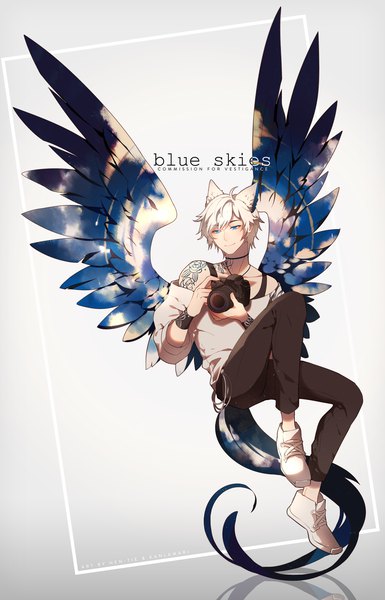 Anime picture 1187x1850 with original hen-tie (hen) single tall image short hair blue eyes simple background bare shoulders signed animal ears looking away full body bent knee (knees) white hair tail animal tail light smile tattoo turning head weightlessness